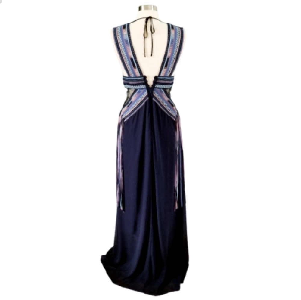 BCBGMaxAzria Elva Navy Blue Embroidered Cutout Maxi Dress Runway Size 10 - Picture 5 of 17
